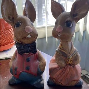 Vintage Pair Painted Ceramic Bunny Rabbits Easter Decoration 60s Retro